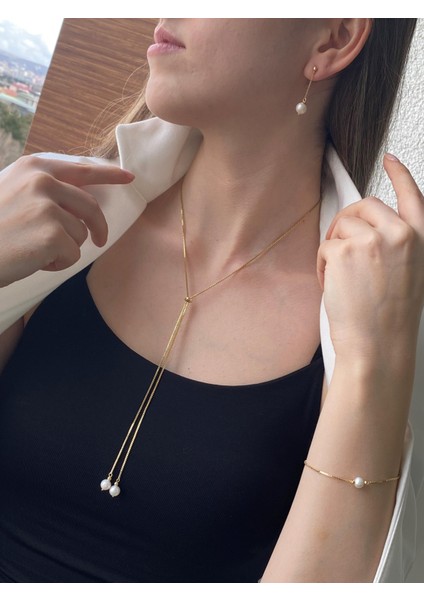 925 Ayar Gümüş Kadın Zincirli Asansör Model Doğal Inci Küpe Kolye Bileklik Üçlü Set fiyatları