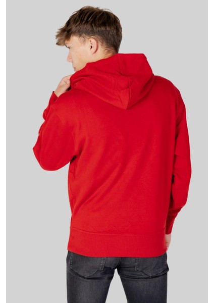 Logolu Baskılı Kapüşonlu Erkek Beyaz Sweatshirt Kırmızı