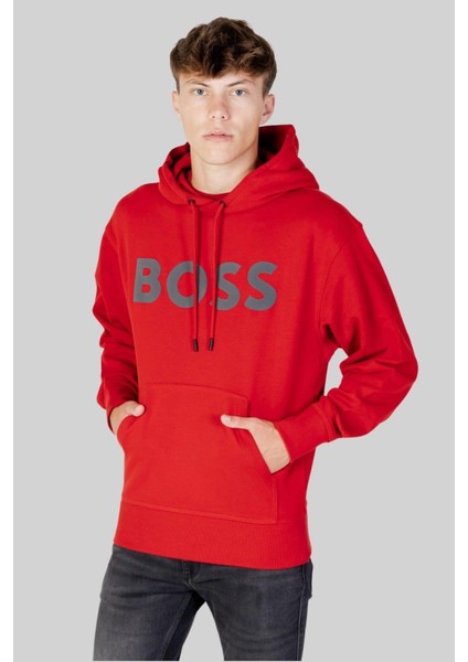 Logolu Baskılı Kapüşonlu Erkek Beyaz Sweatshirt Kırmızı