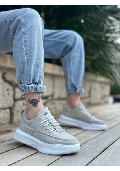 Bağcıklı Erkek Spor Ayakkabı Gri Süet (Beyaz Taban)
