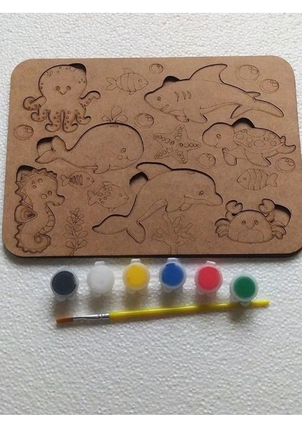 Boyanabilir Ahşap Bultak Puzzle Hayvan Figürlü Eğitici Oyuncak (Boya ve Fırça Dahil) 25X18 cm