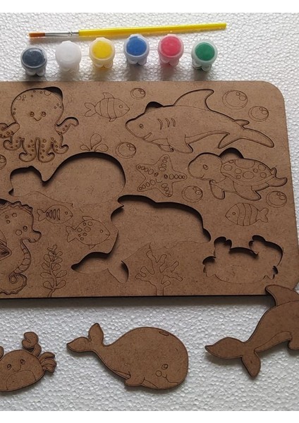 Boyanabilir Ahşap Bultak Puzzle Hayvan Figürlü Eğitici Oyuncak (Boya ve Fırça Dahil) 25X18 cm