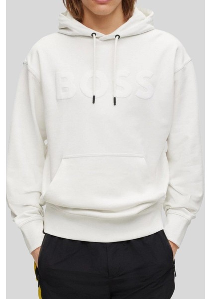 Logolu Baskılı Kapüşonlu Erkek Beyaz Sweatshirt Beyaz