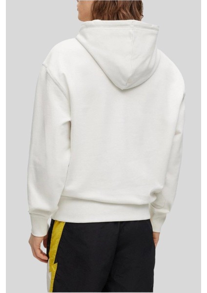 Logolu Baskılı Kapüşonlu Erkek Beyaz Sweatshirt Beyaz