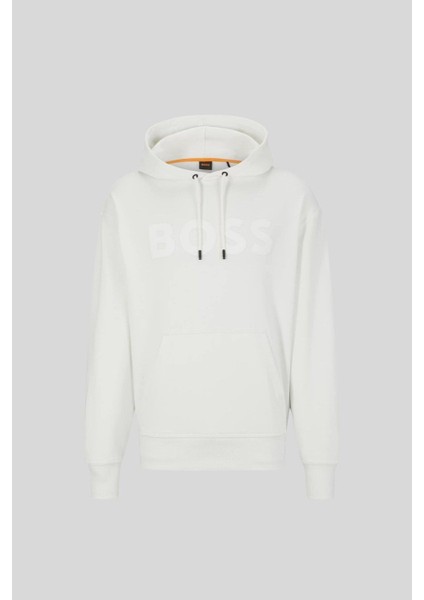 Logolu Baskılı Kapüşonlu Erkek Beyaz Sweatshirt Beyaz