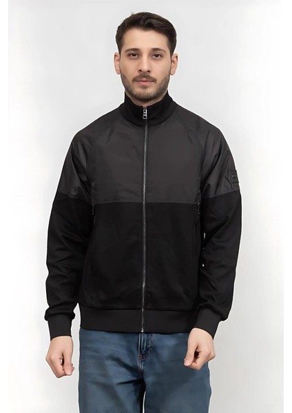 Logo Aplikeli Panelli Fermuarlı Regular Fit Erkek Sweatshirt Siyah
