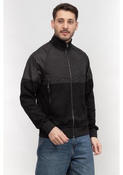 Logo Aplikeli Panelli Fermuarlı Regular Fit Erkek Sweatshirt Siyah