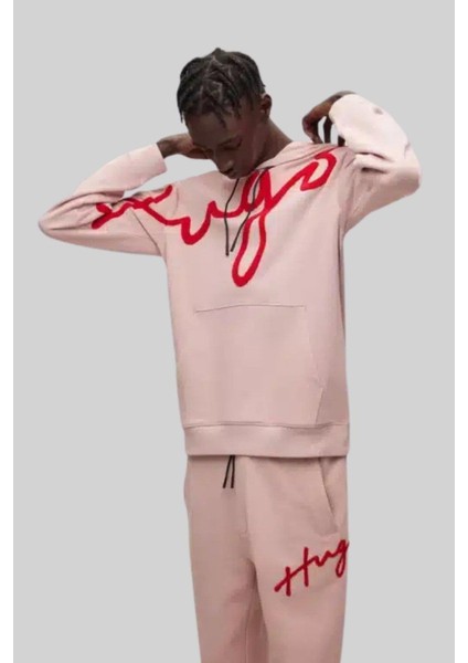 Hugo Erkek Regular Fit Logo Işlemeli Kapüşonlu Sweatshirt Pembe