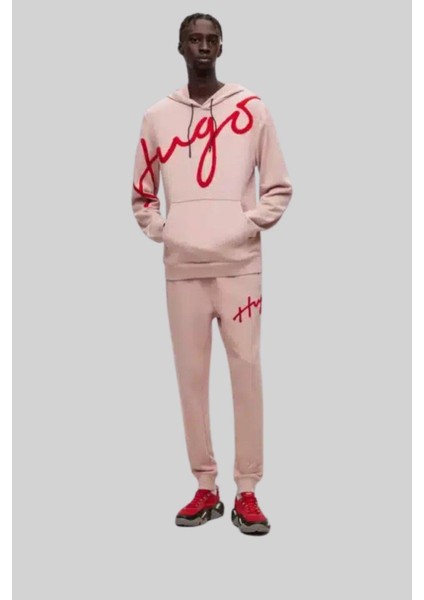 Hugo Erkek Regular Fit Logo Işlemeli Kapüşonlu Sweatshirt Pembe