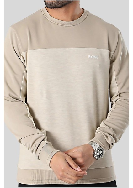 Regular Fit Bisiklet Yaka Erkek Sweatshirt Bej