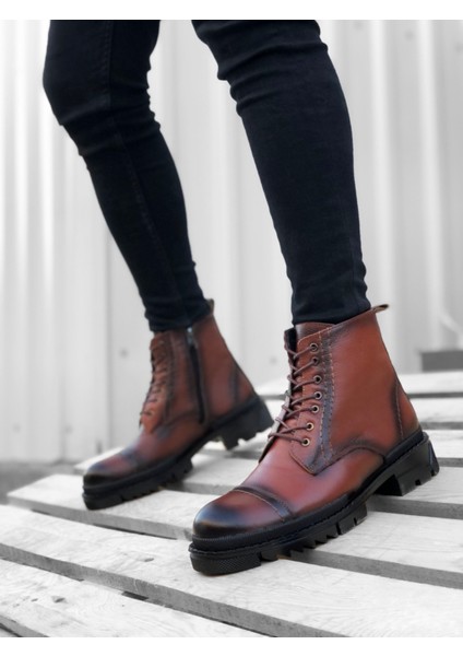 Fermuarlı Bağcık Detaylı Içi Dışı Deri Erkek Bot Taba