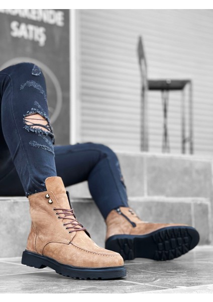 Fermuarlı Bağcık Detaylı Içi Dışı Deri Erkek Bot Taba Nubuk