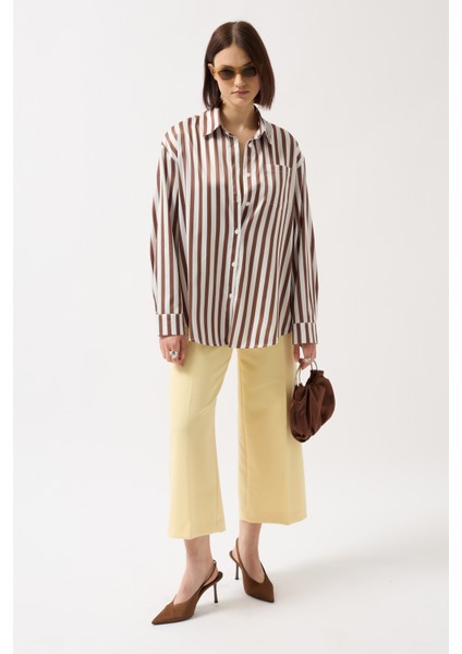 Çizgili Saten Kahverengi Gömlek fiyatları