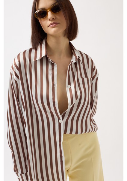 Çizgili Saten Kahverengi Gömlek fırsatları
