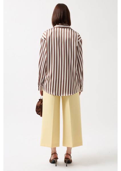 Çizgili Saten Kahverengi Gömlek indirimleri