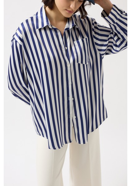 Çizgili Saten Lacivert Gömlek