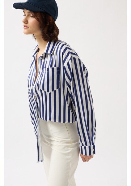 Çizgili Saten Lacivert Gömlek modelleri