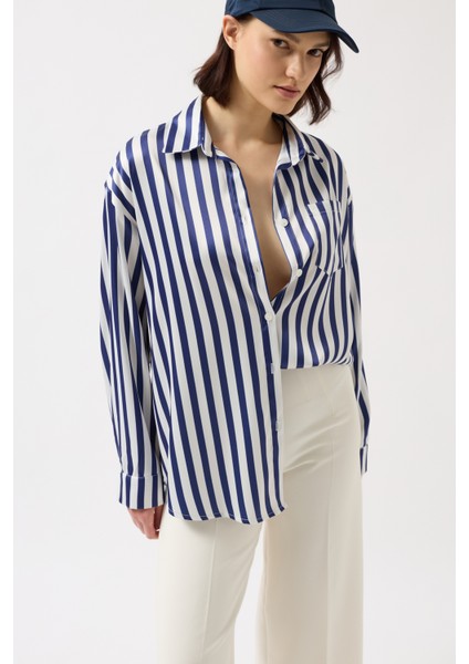 Çizgili Saten Lacivert Gömlek fırsatları