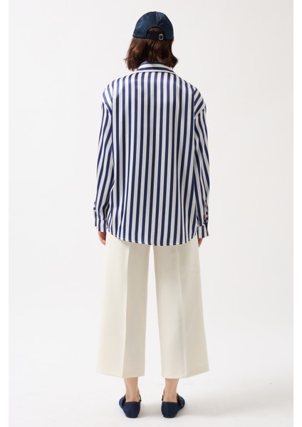 Çizgili Saten Lacivert Gömlek indirimleri