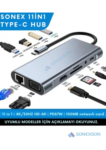 11 In 1 Type-C To USB Hub Port Uyumlu Adaptör Hdmı 4x USB Lan VGA Sd Card Çevirici Çoklayıcı