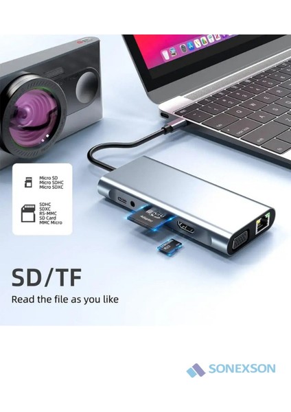 11 In 1 Type-C To USB Hub Port Uyumlu Adaptör Hdmı 4x USB Lan VGA Sd Card Çevirici Çoklayıcı