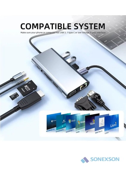 11 In 1 Type-C To USB Hub Port Uyumlu Adaptör Hdmı 4x USB Lan VGA Sd Card Çevirici Çoklayıcı