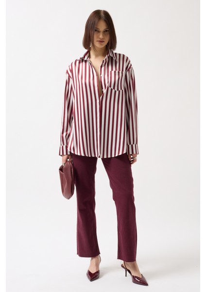 Çizgili Saten Bordo Gömlek fiyatları