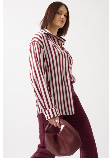 Çizgili Saten Bordo Gömlek modelleri