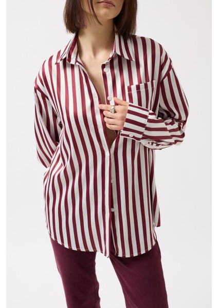 Çizgili Saten Bordo Gömlek fırsatları