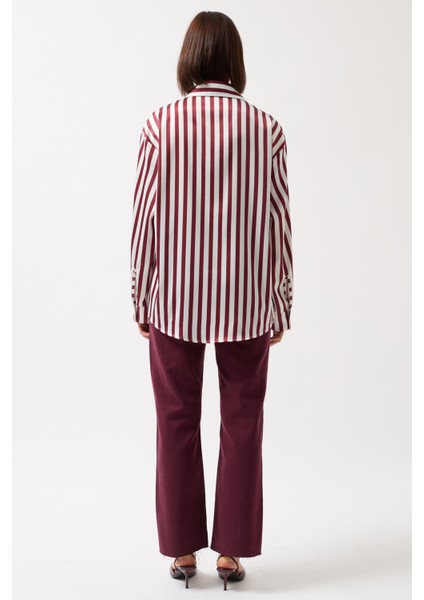 Çizgili Saten Bordo Gömlek indirimleri
