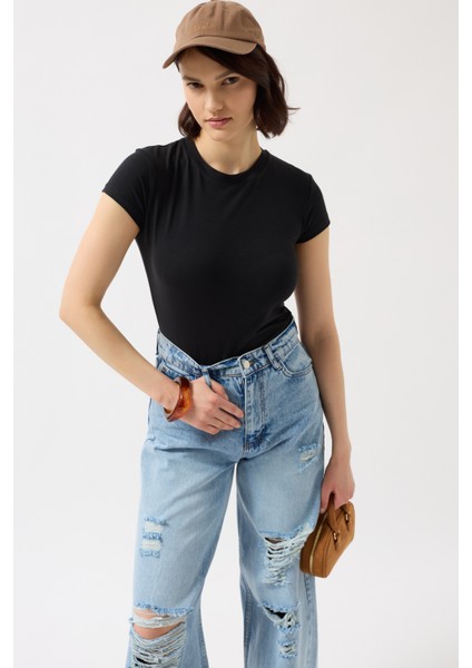 Likralı Basic Siyah T-Shirt