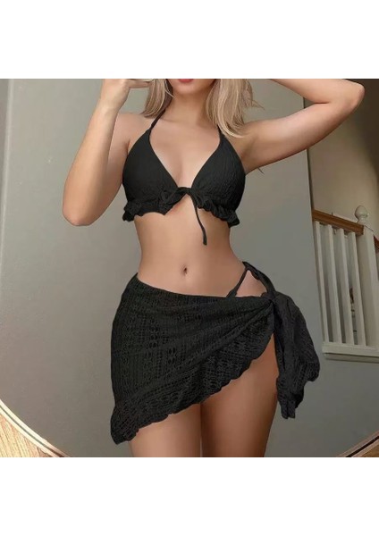 Üç Parçalı Gazlı Etek Mayo Bikini Halter Mayo (Yurt Dışından)