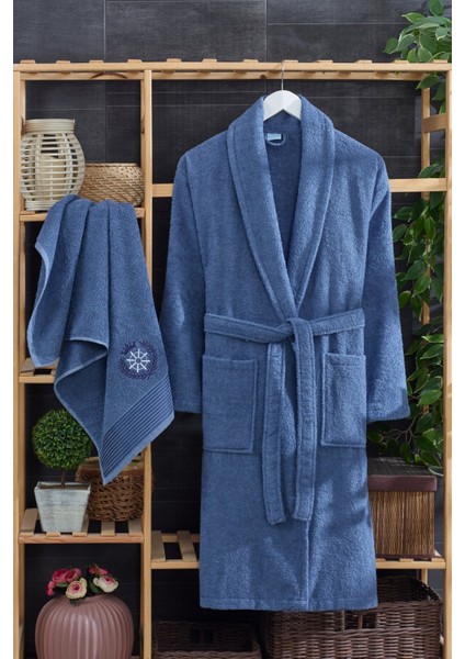 Erkek Havlulu Banyo Bornoz Takımı Pamuklu Lacivert fiyatları