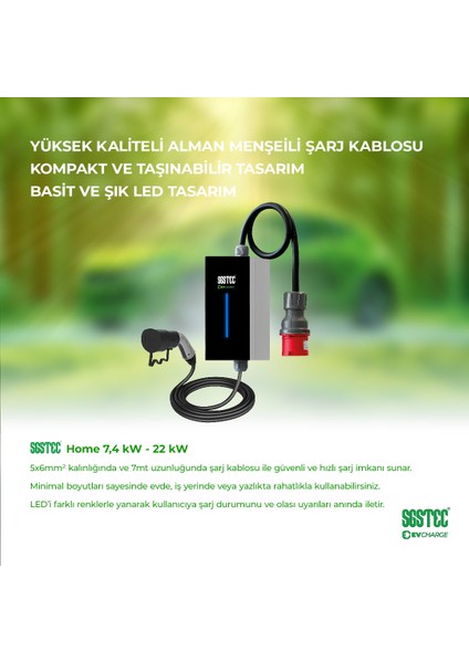 Home 22kW 7Metre Kablolu Elektrikli Araç Şarj Cihazı