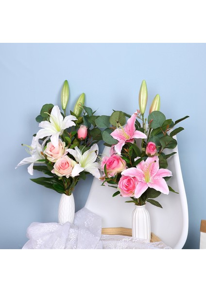 Pembe Yapay Ipek Çiçekler Sahte Zambak Buketi 41 cm Uzunluğunda Dıy Yaratıcı Buket Arkadaşlar Için Hediye Olarak Öğretmek ve Taze Oturma Odası Dekoru (Yurt Dışından)