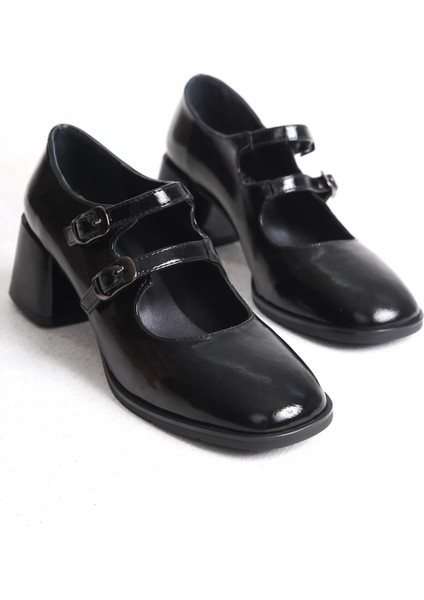 Mubiano Hakiki Deri Collection Kadın Bant Detaylı Kalın Topuklu Kırışık Rugan Ayakkabı Siyah - MCRGN55050 - S