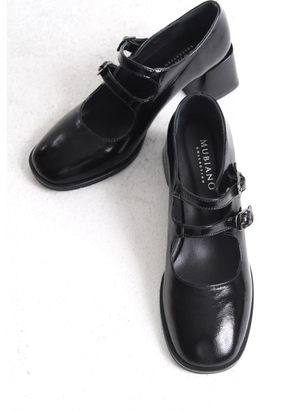 Mubiano Hakiki Deri Collection Kadın Bant Detaylı Kalın Topuklu Kırışık Rugan Ayakkabı Siyah - MCRGN55050 - S fırsatları