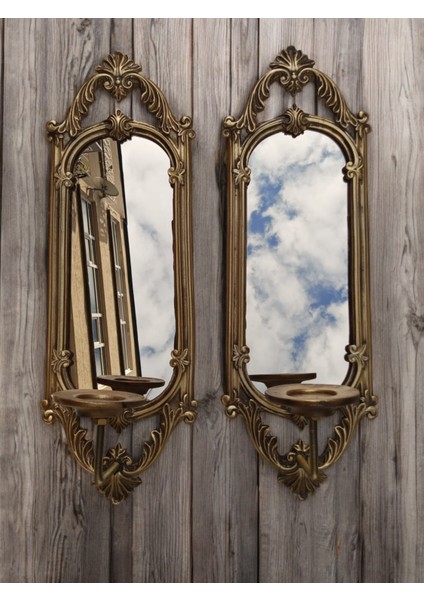 Dekoratif Polyester Ikili Niş Dikdörtgen Aynalı Mumluk Takımı Gold Sade