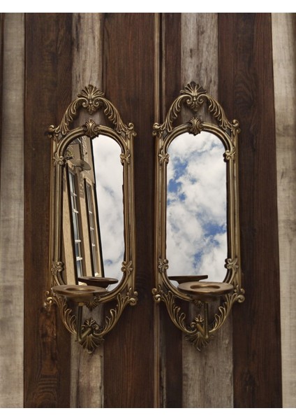 Dekoratif Polyester Ikili Niş Dikdörtgen Aynalı Mumluk Takımı Gold Sade modelleri