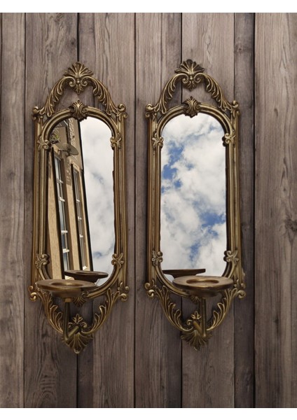 Dekoratif Polyester Ikili Niş Dikdörtgen Aynalı Mumluk Takımı Gold Sade fırsatları
