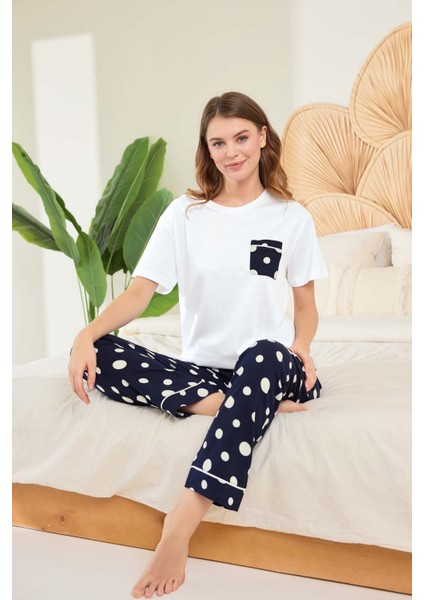Aydoğan Kadın Beyaz Benekli Viskon Kumaş Pijama Takımı