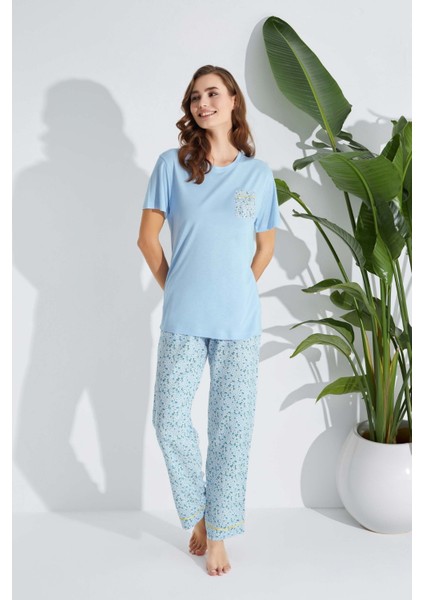 Aydoğan Kadın Mavi Desenli Viskon Kumaş Pijama Takımı