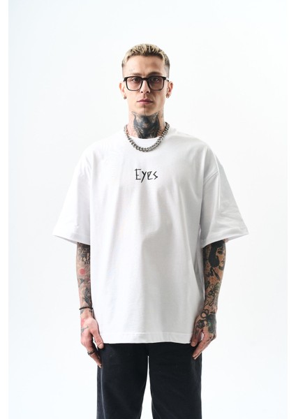 Erkek Eyes Baskılı Oversize T-Shirt Beyaz