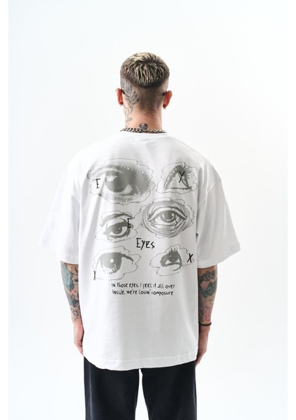 Erkek Eyes Baskılı Oversize T-Shirt Beyaz modelleri