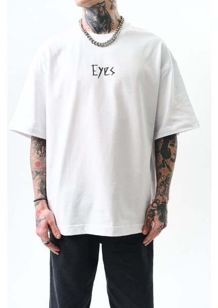 Erkek Eyes Baskılı Oversize T-Shirt Beyaz fırsatları