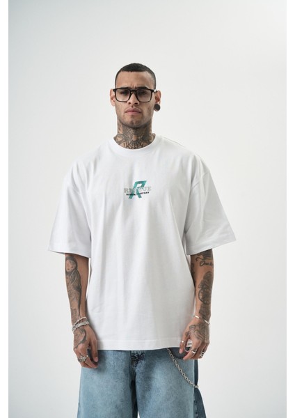 Erkek Res\'cue Baskılı Oversize T-Shirt Beyaz