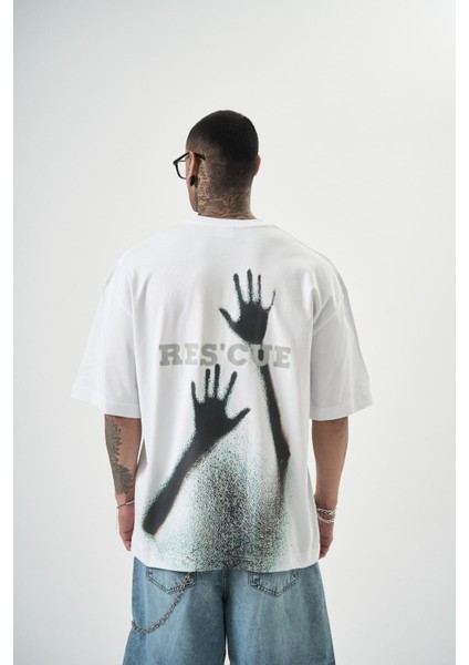 Erkek Res\'cue Baskılı Oversize T-Shirt Beyaz modelleri