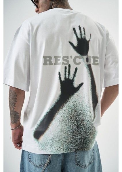 Erkek Res\'cue Baskılı Oversize T-Shirt Beyaz indirimleri