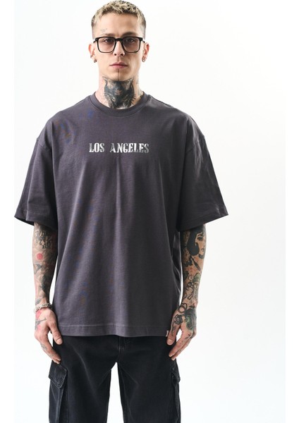 Erkek Los Angeles Baskılı Oversize T-Shirt Füme