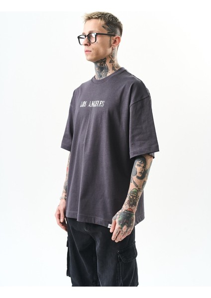 Erkek Los Angeles Baskılı Oversize T-Shirt Füme fiyatları